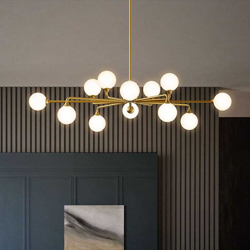 Postmodern Sputnik Island Lighting Metal 6/9/12 Heads Living Room Ceiling Pendant in Gold with Ball White Glass Shade
