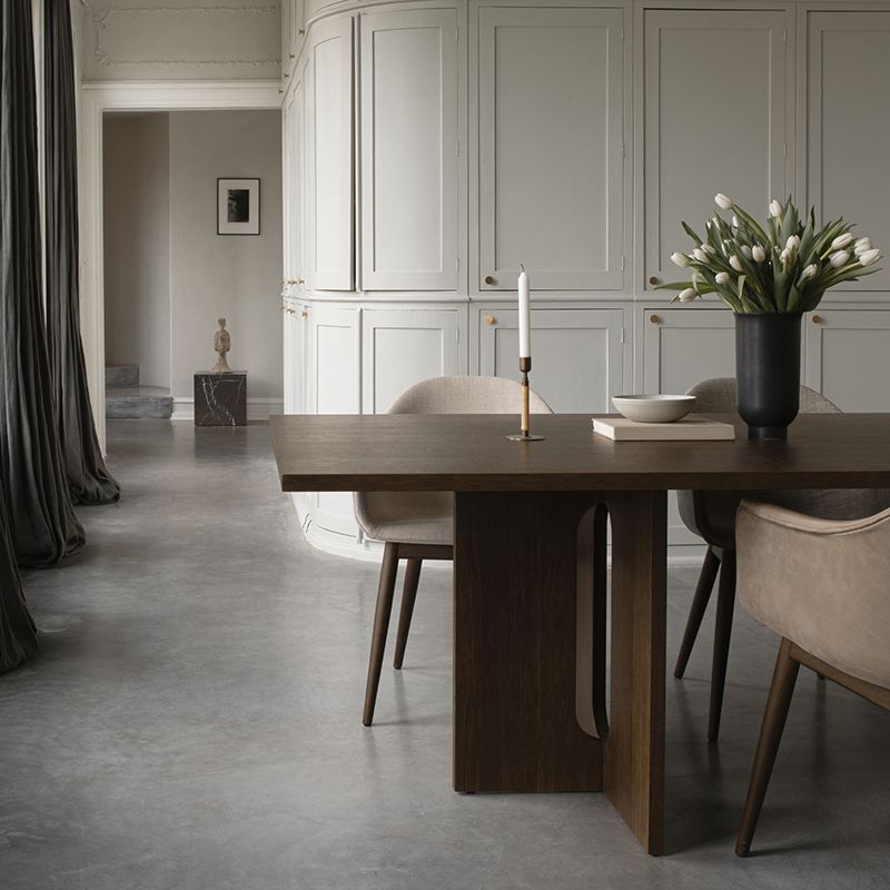 Mesa de comedor rectangular de color madera, mesa de madera maciza, simplicidad con pedestal doble