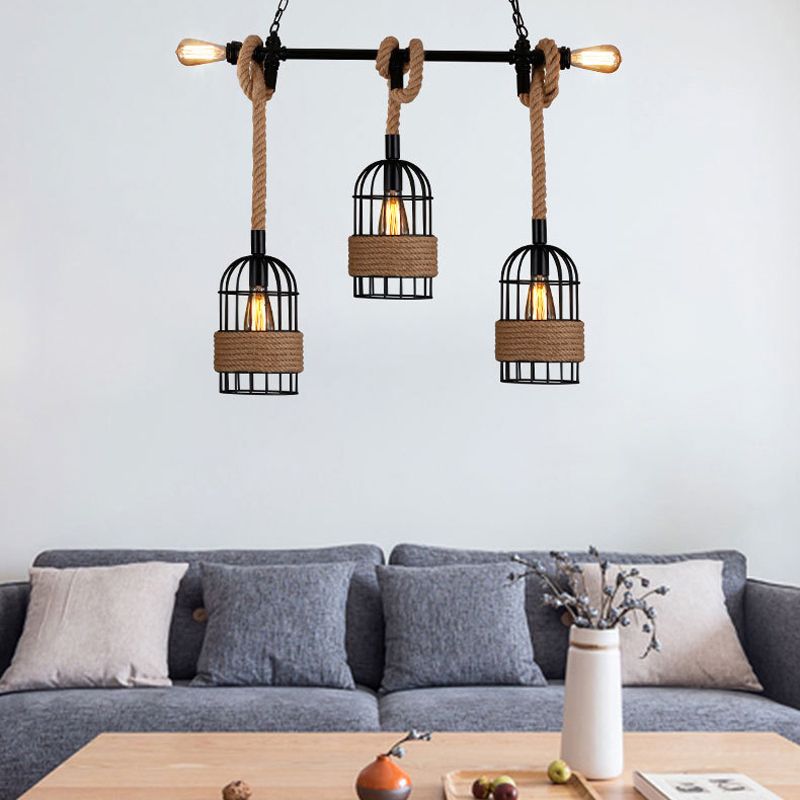 3 - Light Industrial Kitchen Island Lighting Metal & Hemp Rope Ceiling Fixture in Black