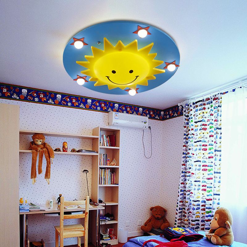 Kid Sun Flushmount Ceiling Fixture Wood 6 Bulbs Bedroom Flush Ceiling Light in Blue