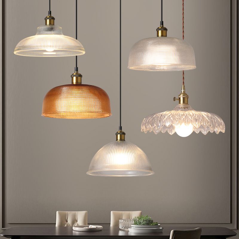 1-Light Drop Lamp Vintage Brass Glass Shaded Restaurant Suspension Pendant Light