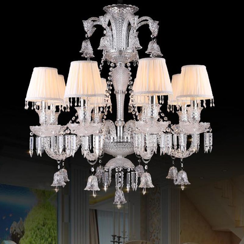 Beige Tapered Chandelier Pendant Light Modernism 8 Heads Crystal Hanging Lamp with Fabric Shade