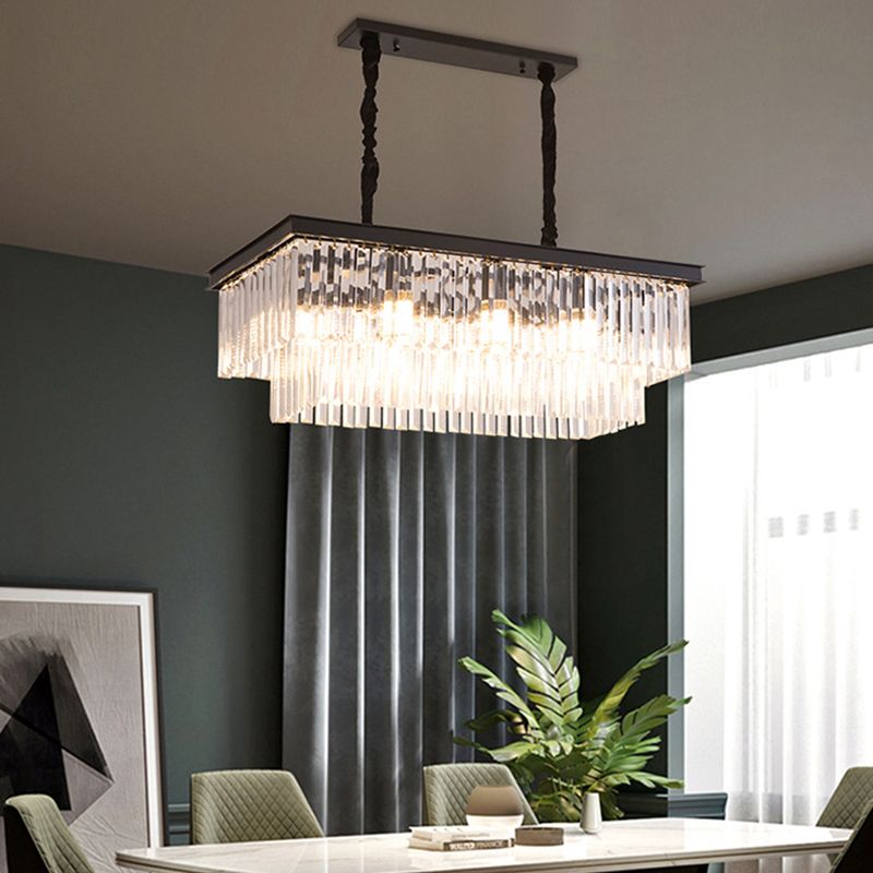 8 Bulbs Island Lamp Country Dining Room Hanging Light Kit with Rectangle Faceted Crystal Shade