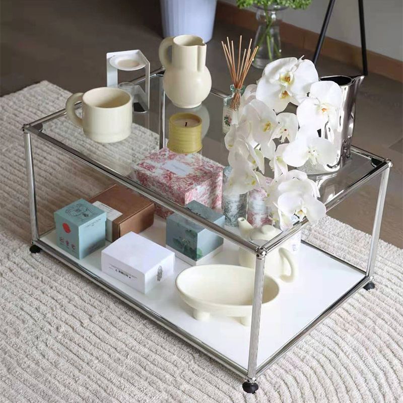 Rectangular Steel Coffee Table Modern Glass Top Cocktail Table with Floor Shelf