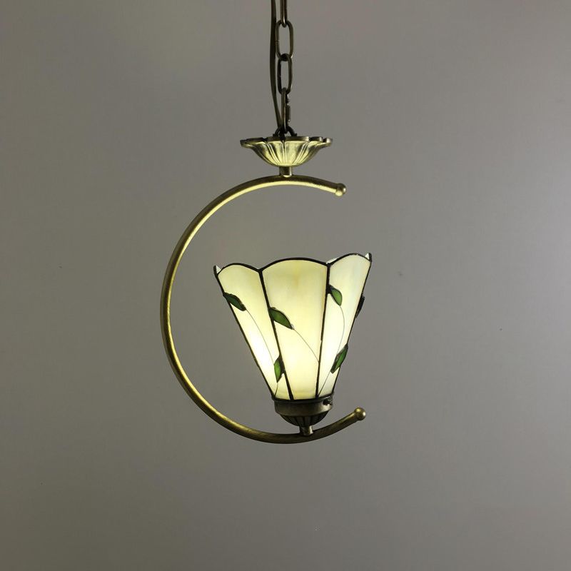 Bronze 1-Head Pendant Light Kit Baroque Metal C-Frame Hanging Lighting with Geometry Cut Glass Shade