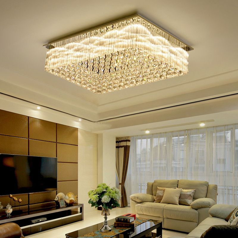 Geometric Stainless-Steel LED Ceiling Light in Modern Luxury Style Crystal Indoor Flush Mount in Silver