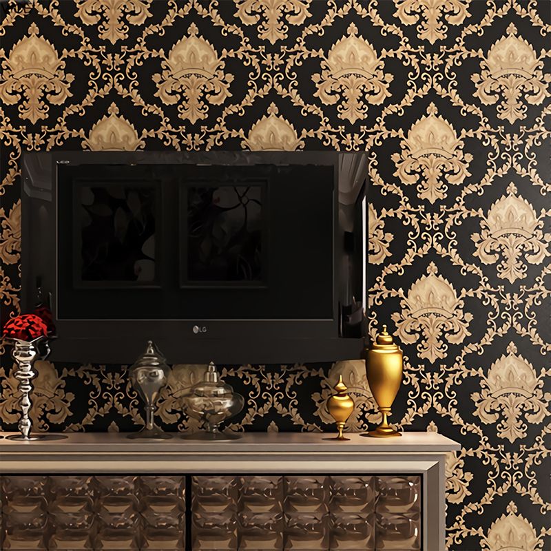 Gold Medallion Wallpaper Moisture Resistant Wall Covering on Black for Living Room