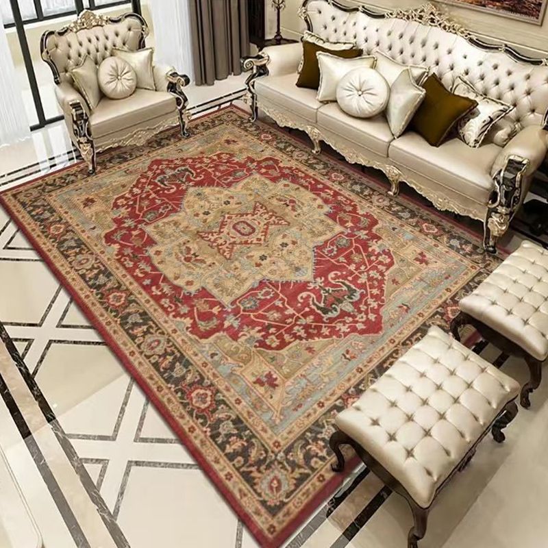Retro Moroccan Print Area Carpet Red Tone Polyester Rug Washable Carpet for Home Decoration