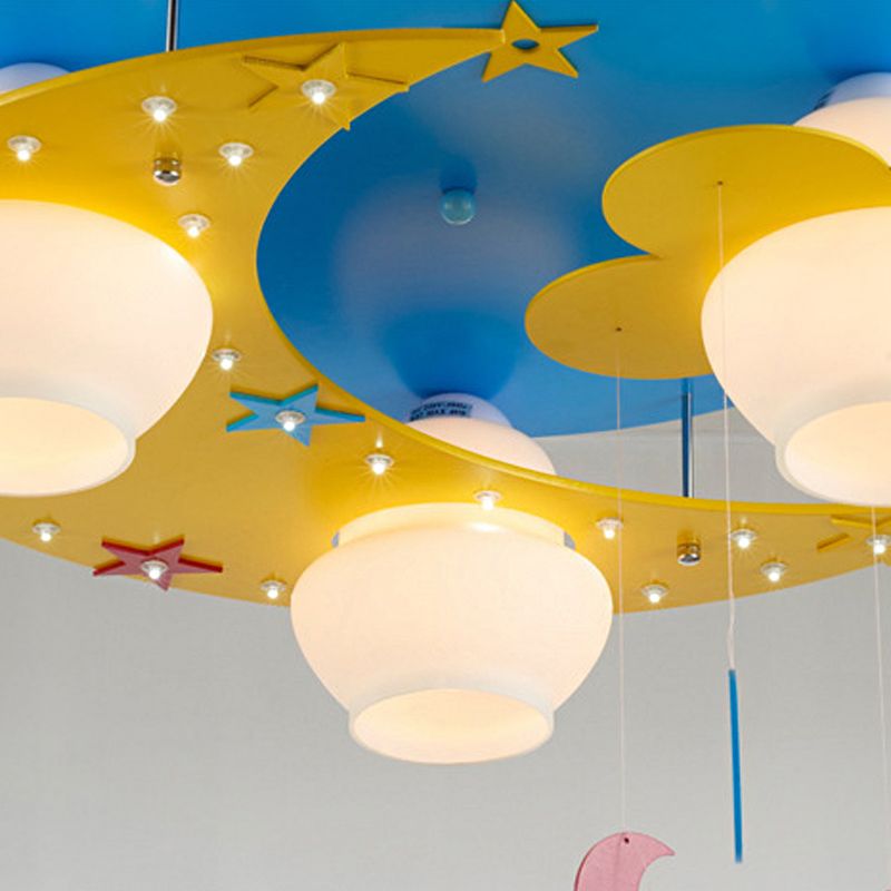 Wood Moon Flush Mount Lamp Kid 3 Bulbs Blue Flush Ceiling Light with Blown Glass Shade