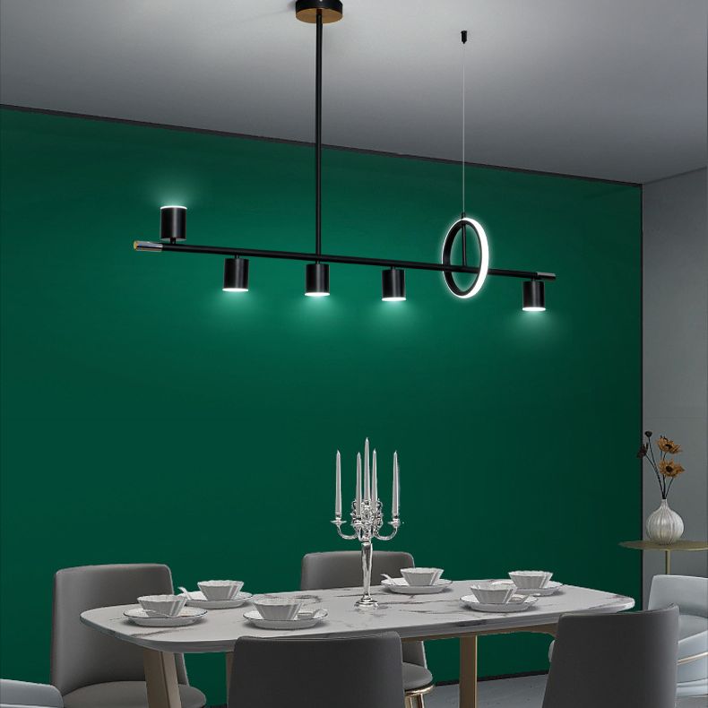 Cylinder and Ring Island Lamp Modern Metal 6-Light Restaurant Pendant Light in Black