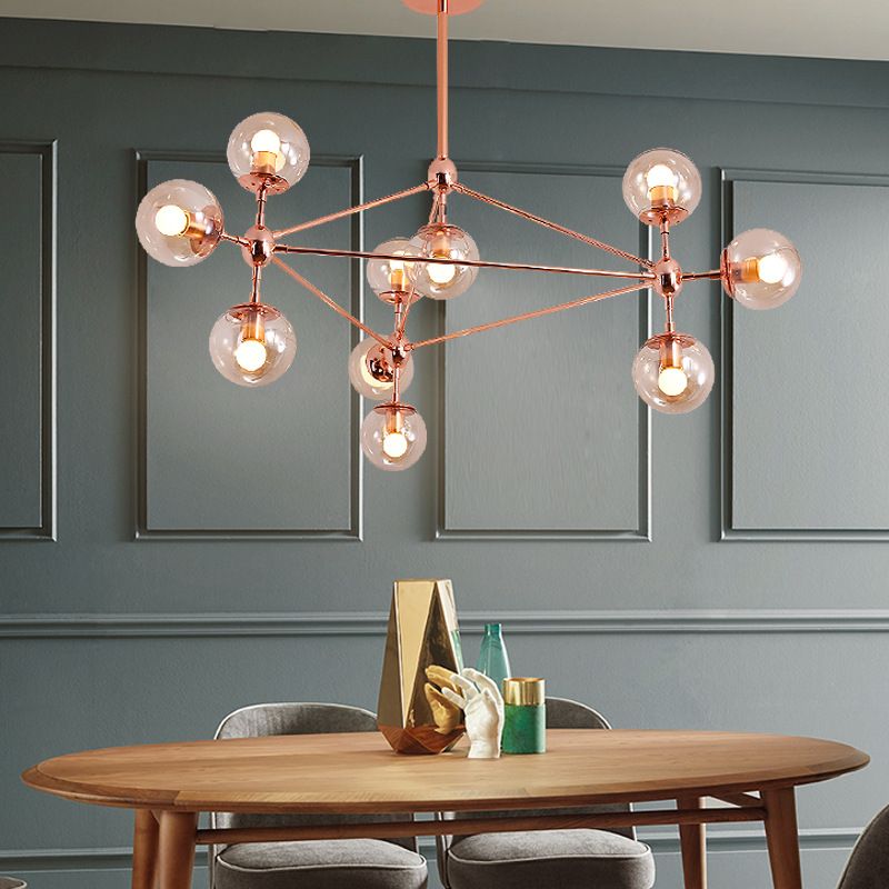Postmodern Geometric Suspension Light Clear Glass Dining Room Chandelier in Rose Gold