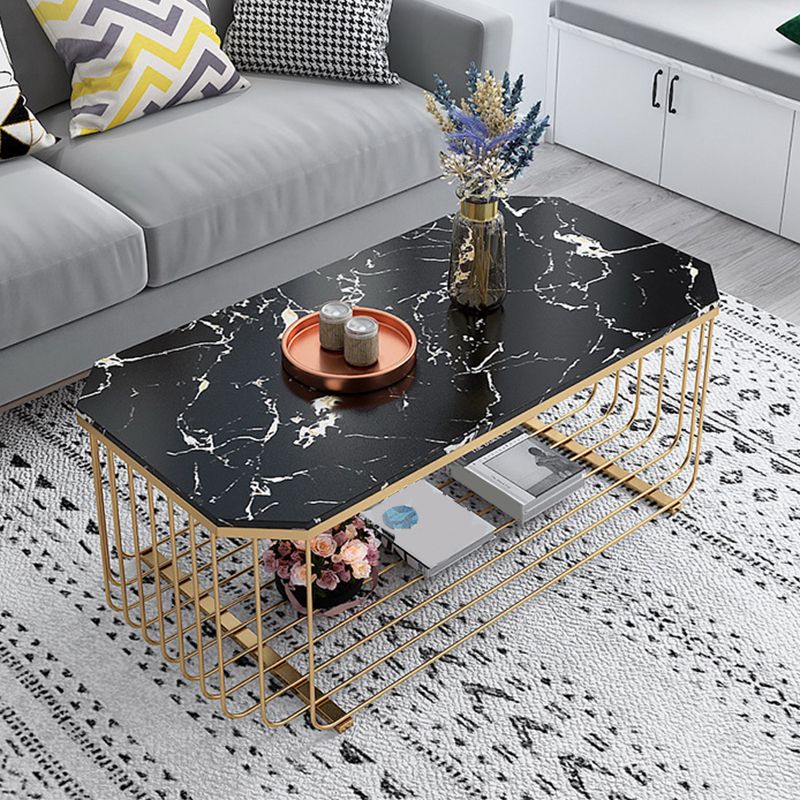 Glam Marble Top Coffee Table with Iron Base and Shelf Cocktail Table