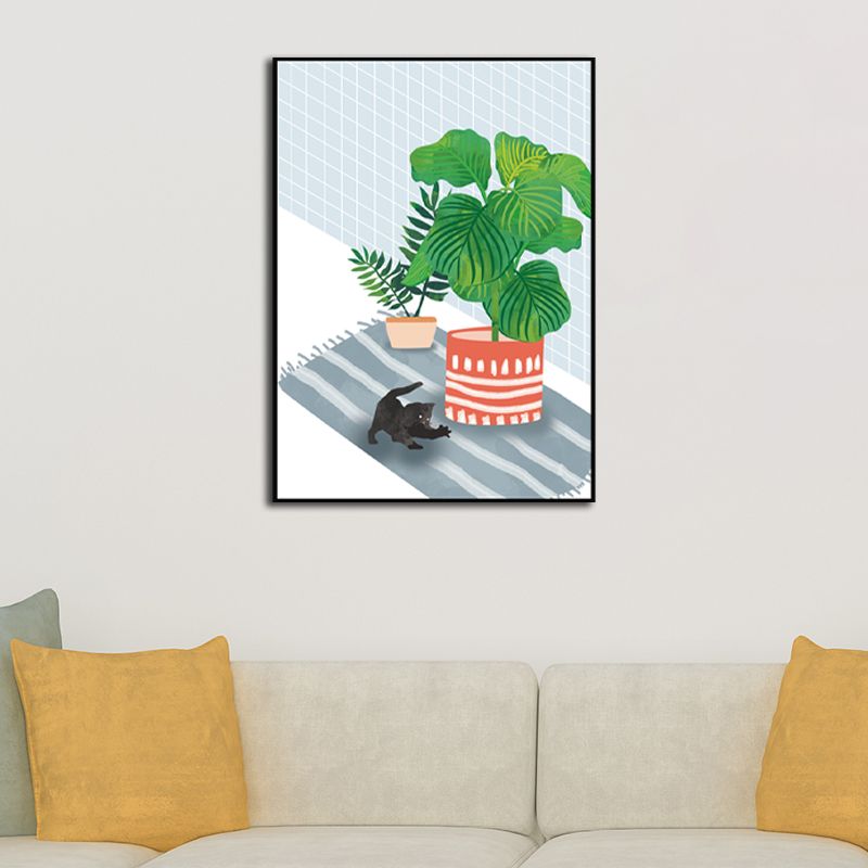 Pet and Pot Plant Canvas Art Textured Kids Style Living Room Wall Decor in Light Color