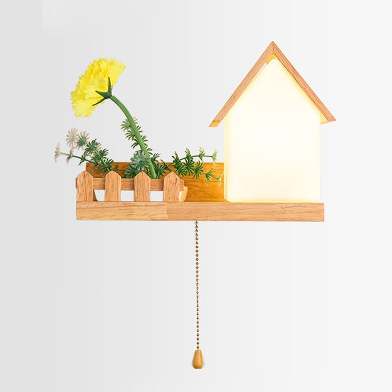 Modern Style House Shape Wall Light Wood 1 Light Sconces for Bedroom without Plant