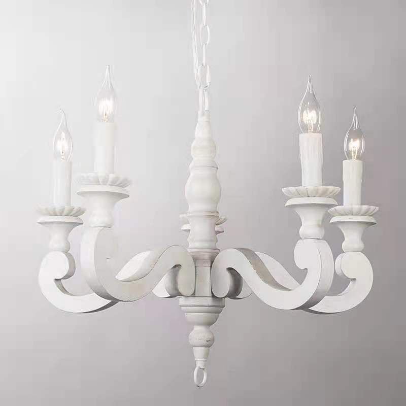 Ceiling Chandelier French Country Candle Wooden Pendant Lighting in White