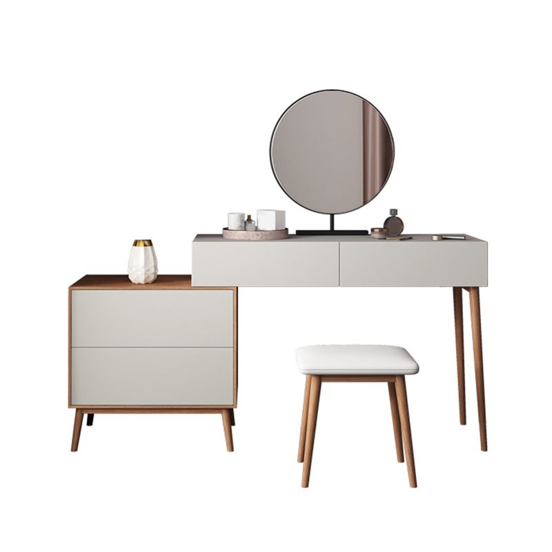 Contemporary Vanity Table and Stool Set With Mirror, Wood Makeup Vanity Set