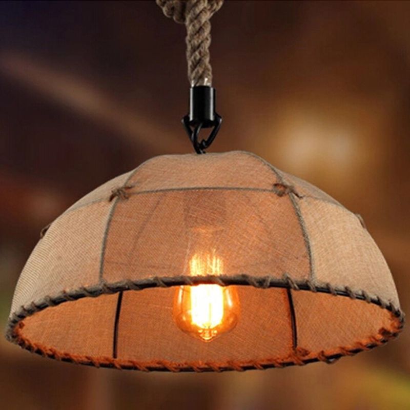 Hemisphären -Stoff Down Lighting Cottage 1 Kopf 14 "/18" W Esstisch Anhängerlampe mit genähtem Seildetail in Braun