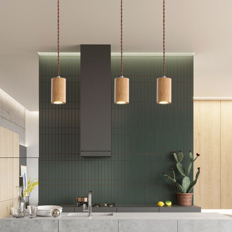 Geometric Shaped Ceiling Pendant Simple Wooden LED Kitchen Suspension Light in Beige