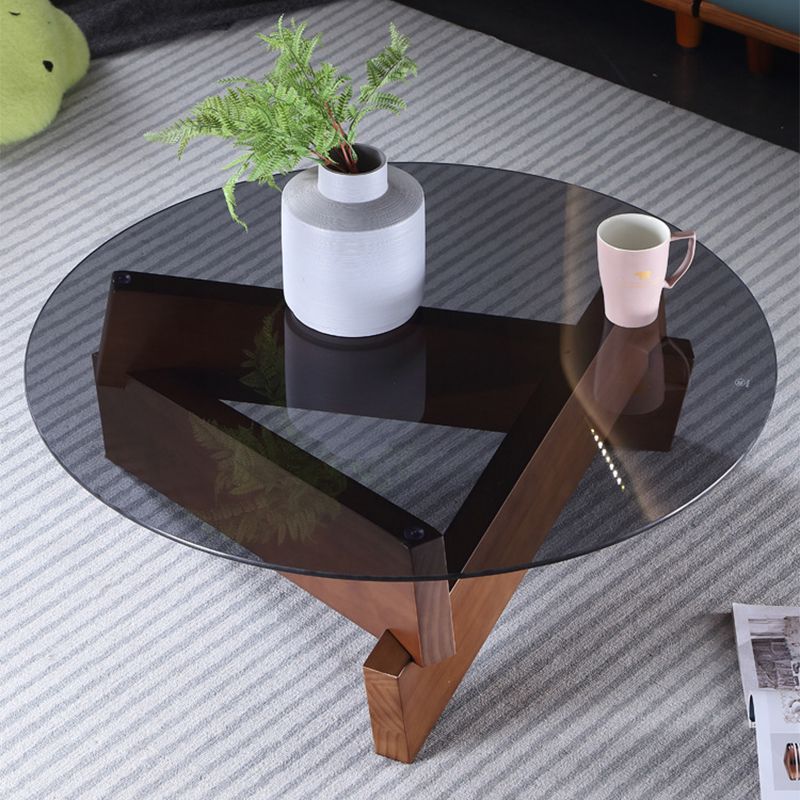 Round Glass-Topped Coffee Cocktail Table with Solid Wood Base