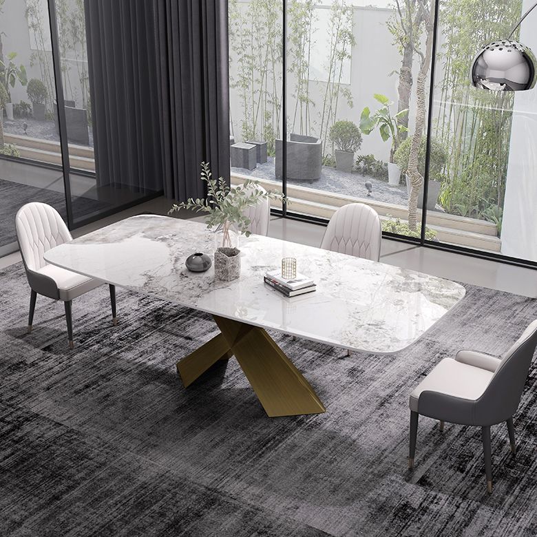 Sintered Stone Top Dining Table for Restaurant Luxury Rectangle Table with Metal Pedestal