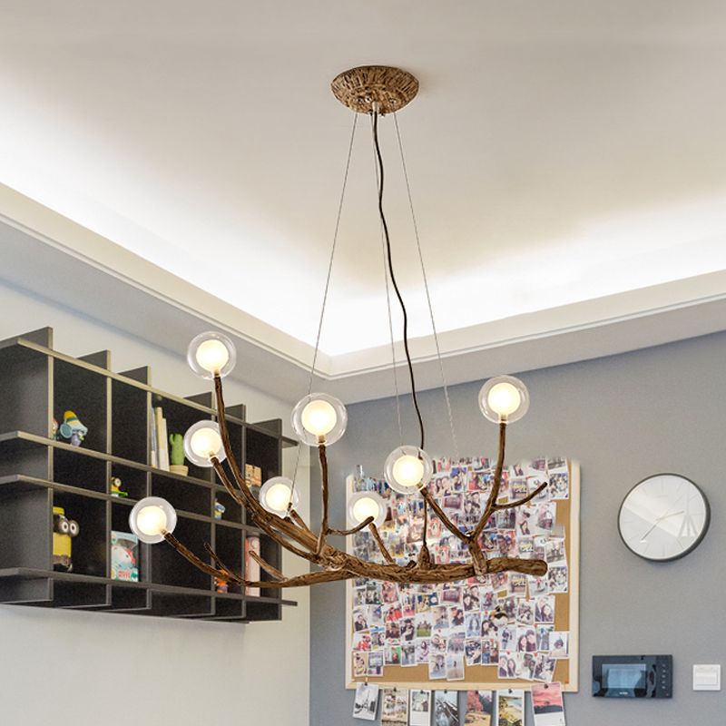 Lámpara de lámpara de araña de rama de madera estilo 8/12/16 luces luz de techo marrón con sombra de bola de vidrio transparente, luz cálida/blanca