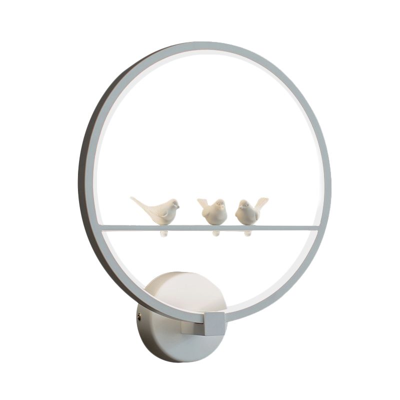 White Circle Sconce Lighting Modern LED Acrylic Wall Mount Lamp with Birds Deco for Bedroom