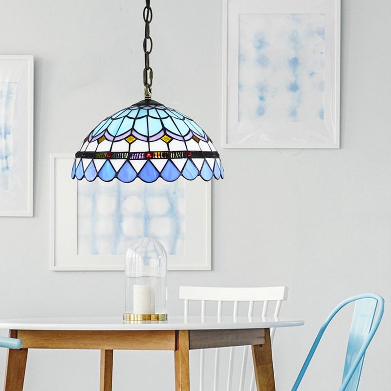Domed Hanging Pendant Light Stained Glass Mediterranean Pendant Light Fixture in Blue