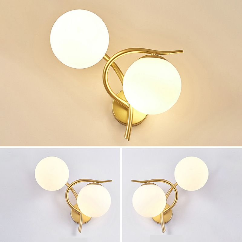 2 Heads Nordic Style Wall Mount Light Metal Arm Glass Shade Sconce Light Fixture for Bedroom
