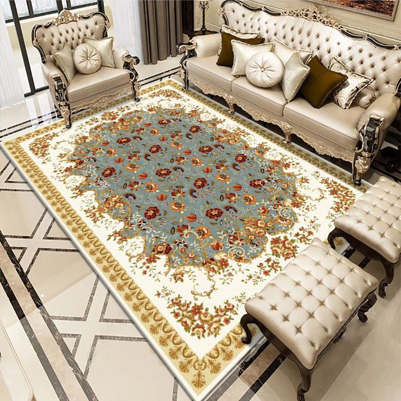 Antique Washable Carpet Retro Floral Print Rug Polyester Non-Slip Backing Carpet for Living Room