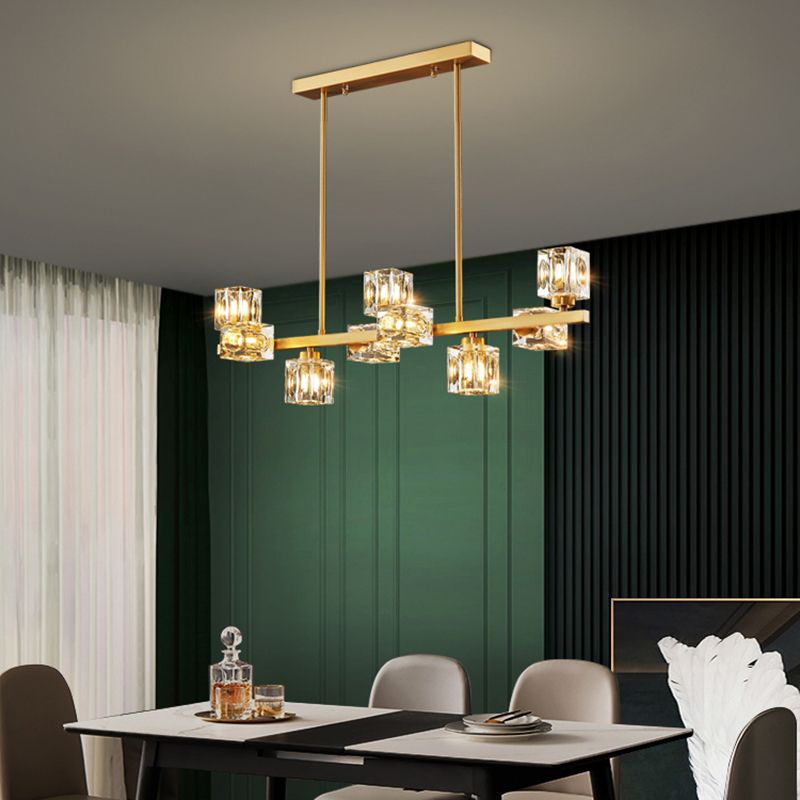 Contemporary Island Light Fixture Crystal Cube Island Lights in Gold for Kitchen