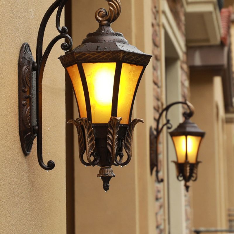 1-Light Amber Glass Wall Lamp Vintage Black Flared Villa Garden Wall Sconce Light