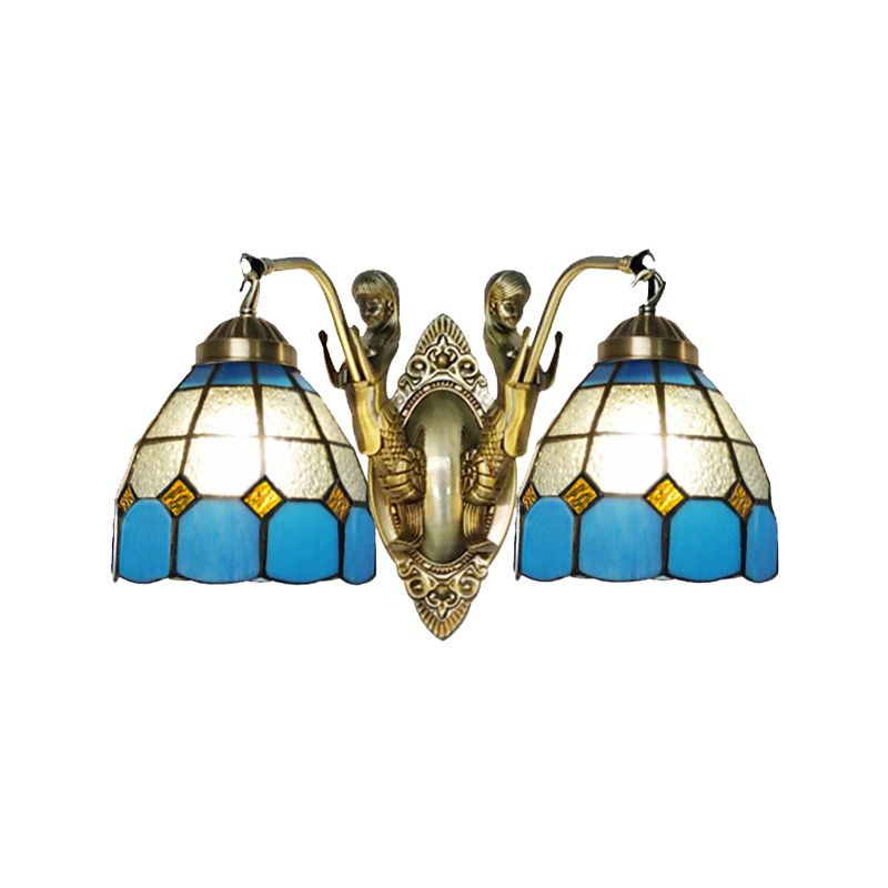 2-Head Domed Wall Mount Lighting Tiffany Dark Blue and White/Orange and White Stained Glass Mermaid Wall Sconce with Grid Pattern