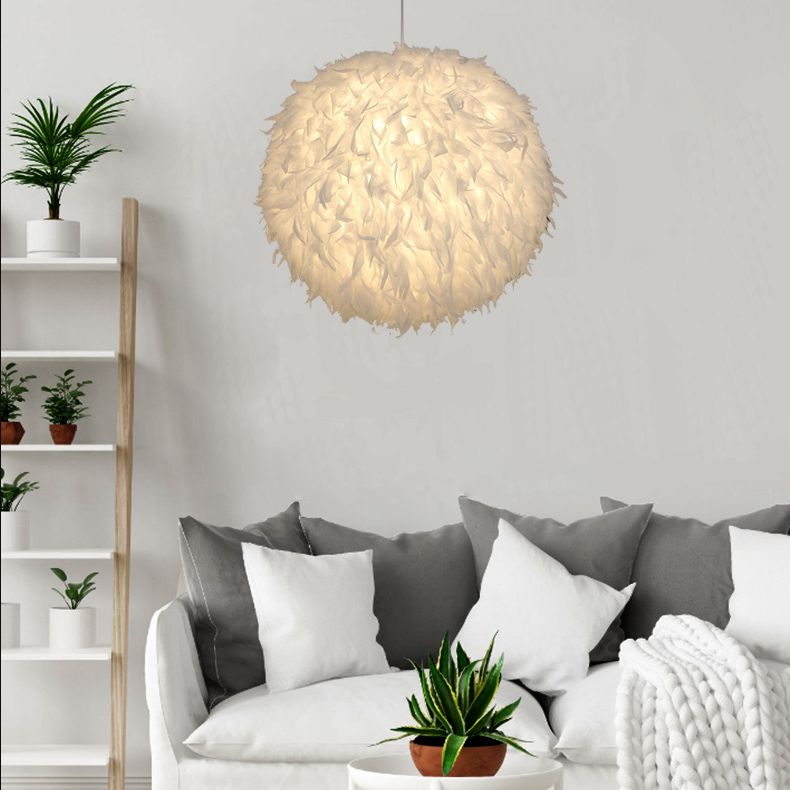Modern Style Pendant Lighting Fixture White Globe Hanging Lamp with Feather Shade