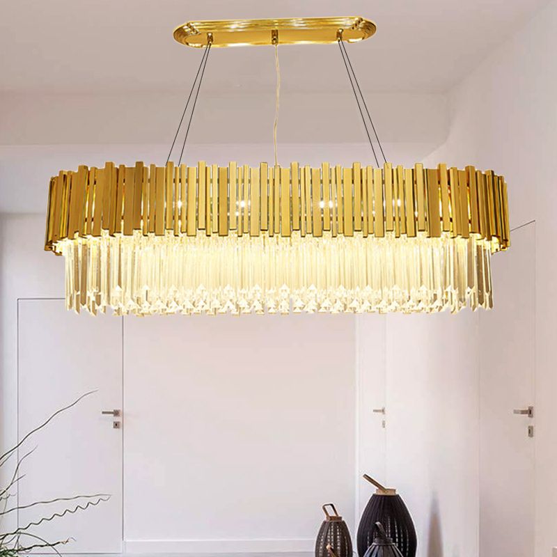26"/35.5"/39" W Modern Oblong Layered Metal Chandelier Lamp 6-Light Golden Hanging Light with Crystal Icicles