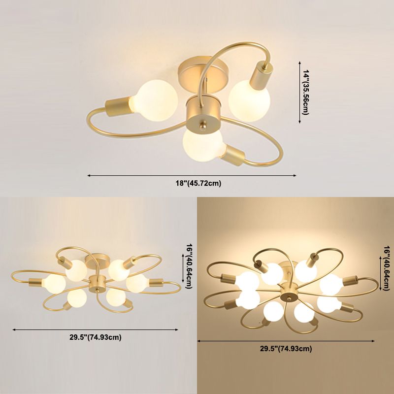 Golden Multi Head Ceiling Light Industrial Metal Semi Flush Mount Lamp for Living Room