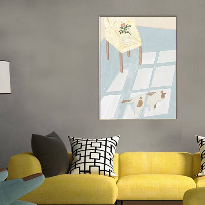 Cat with Floor Sunlight Art Print Cartoon Canvas Wall Decor in Light Blue for Room