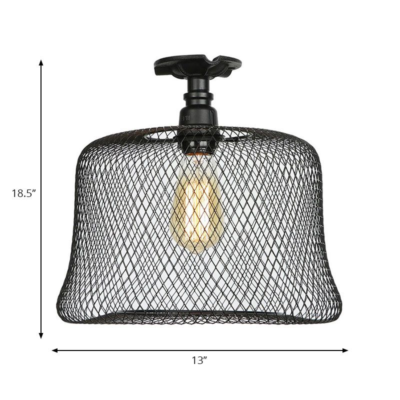 1 Bulb Saucer/Barrel Semi Flush Light Industrial Stylish Black Finish Metal Ceiling Mounted Light with Mesh Screen