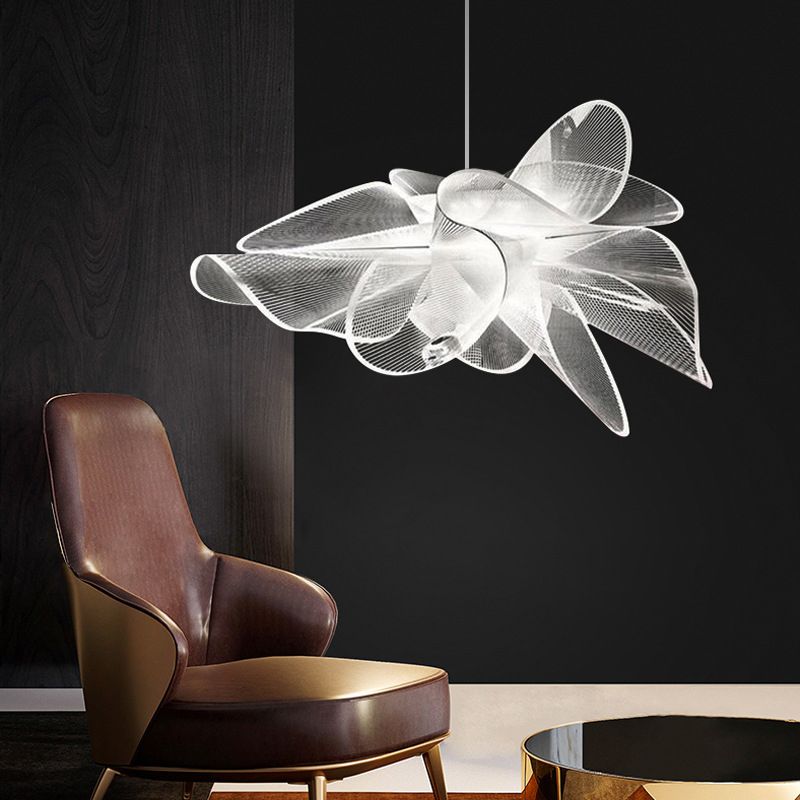 Tulle-Like Floral Chandelier Decorative Plastic Cafe LED Suspension Lighting Fixture in White