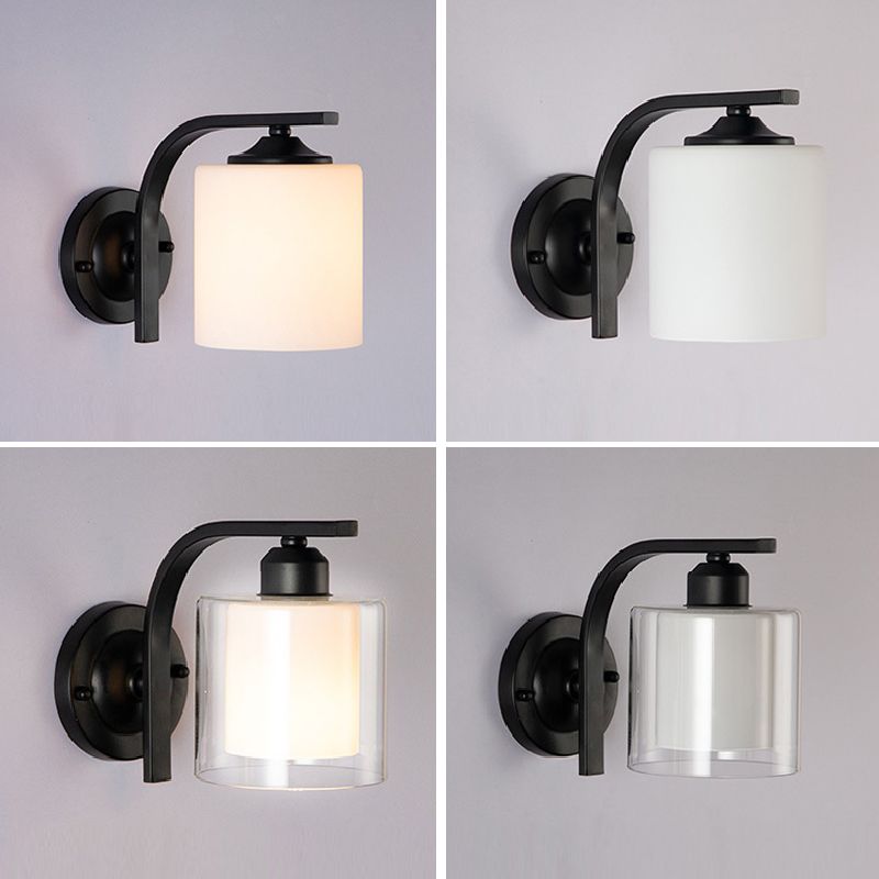 Modern Style Cylinder Shape Wall Light Glass 1 Light Sconces in Black for Bedroom