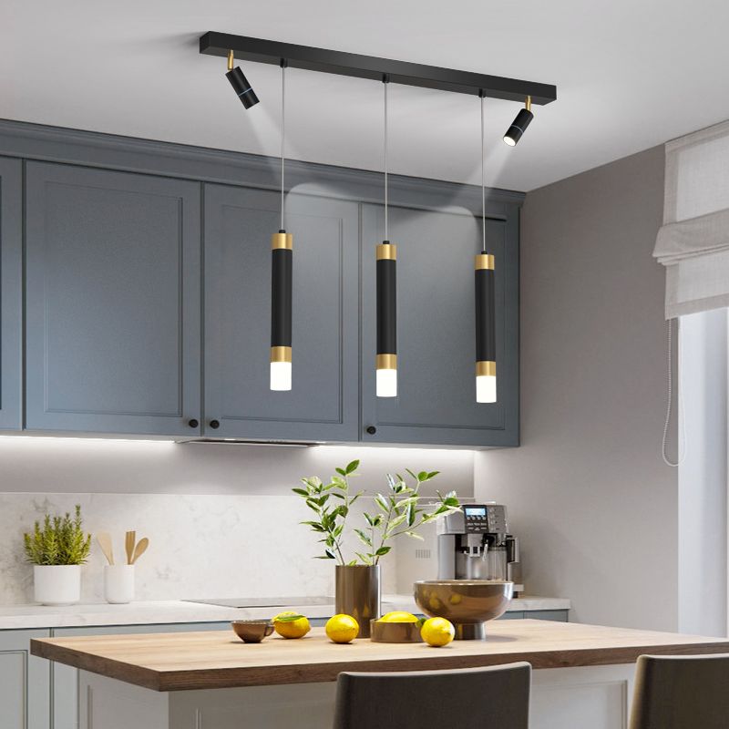 Moderne Kronleuchterzylinder Island Leuchten Metallinselbeleuchtung in Schwarz und Gold