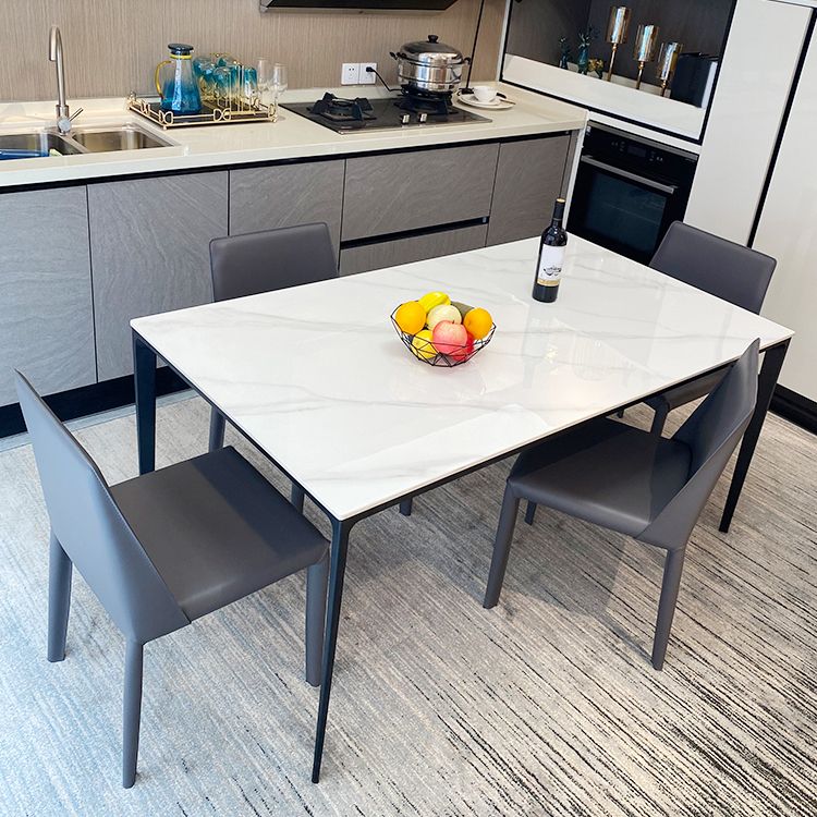 Modern White Stone Top Rectangular Dining Table with 4 Black Metal Legs