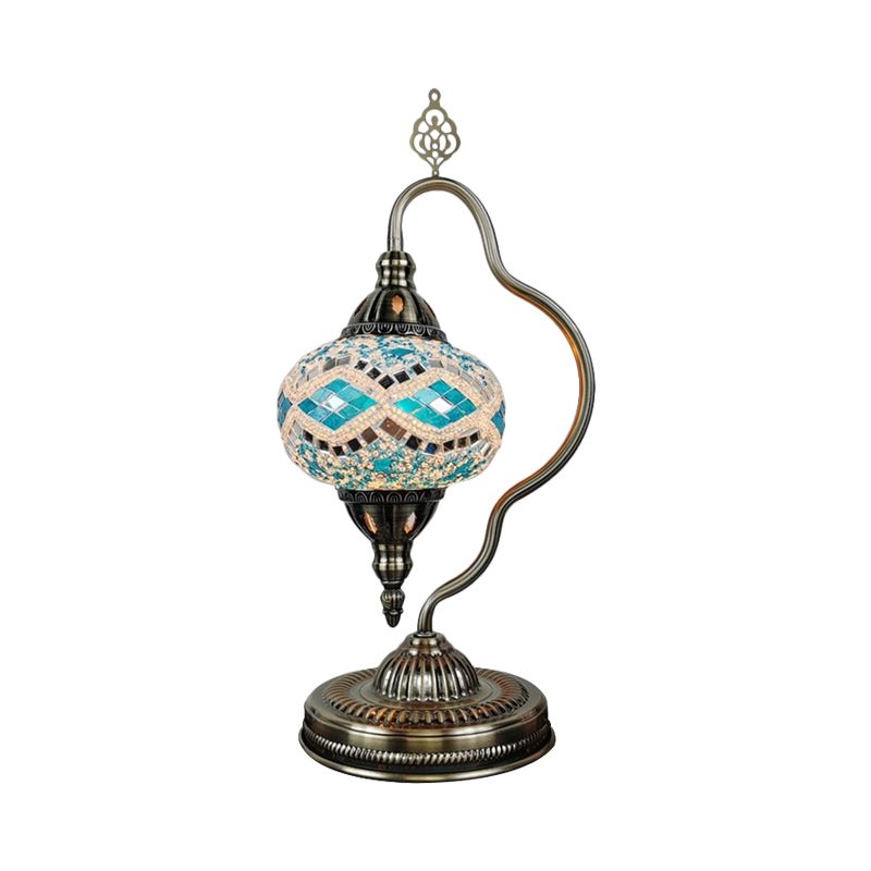 Stained Art Glass Globe Table Lamp Art Deco 1 Head Restaurant Night Light with Curvy Arm in White/Red/Yellow