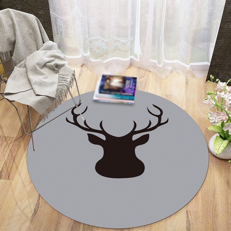 Round Black Tone Bedroom Carpet Bionic Animals Printed Area Rug Polyester with Stain Resistant Rug