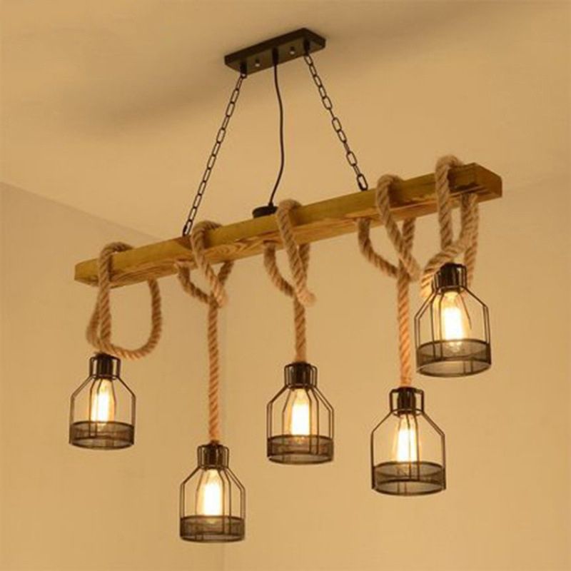 3 / 5 - Light Kitchen Island Fixture Wood and Iron Ceiling Lighting with Hemp Rope