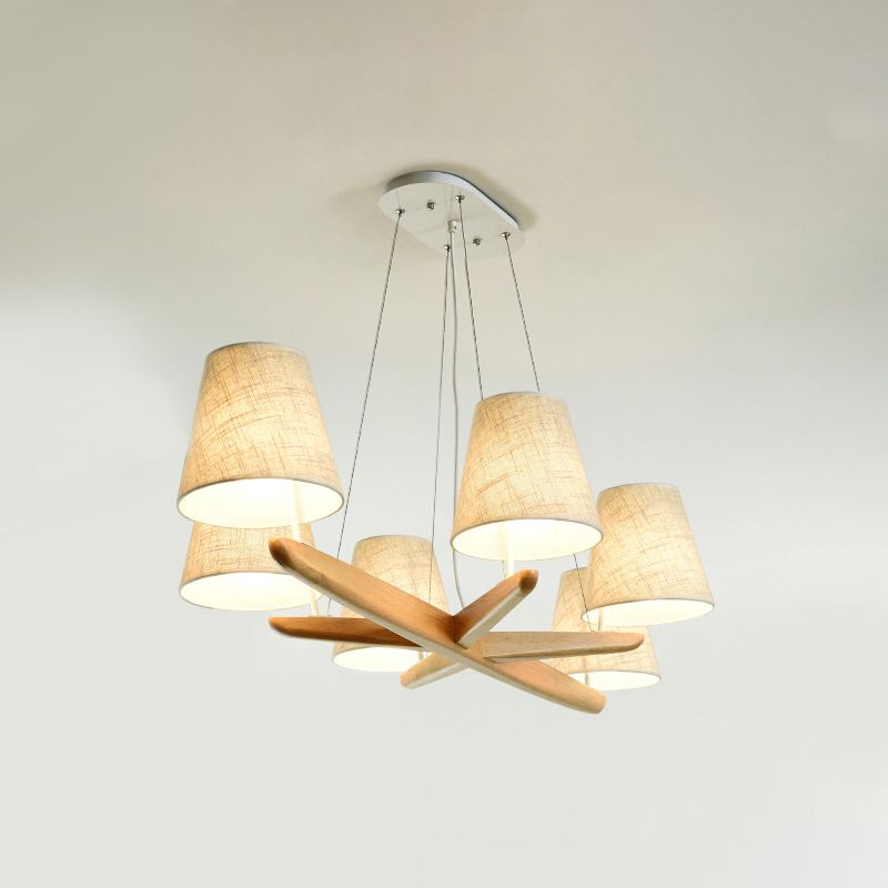 Lampada a 6 luci in tessuto a sospensione a sospensione conica in flaxen per sala da pranzo