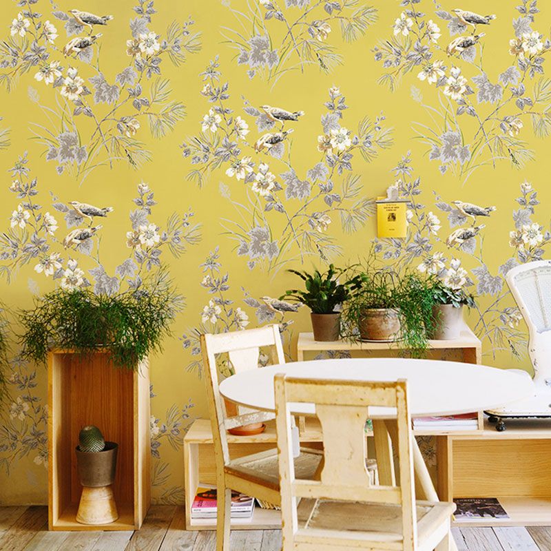 Non-Pasted Wallpaper Roll with Bird and Flower Design for Coffee Shop, 33'L x 20.5"W