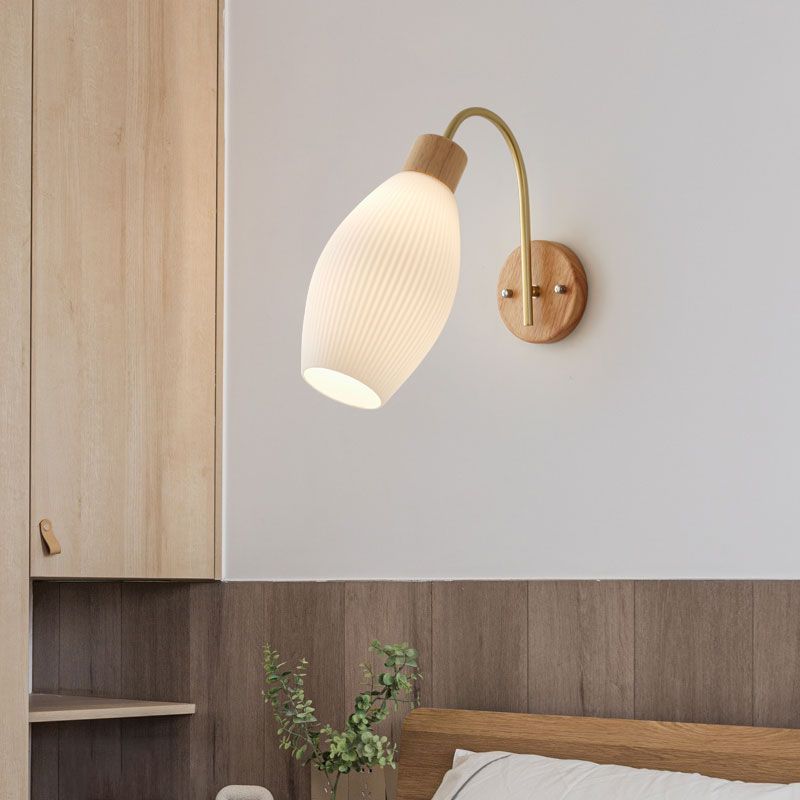 Nordic Wooden Wall Light Fixture Simple Glass Shade Wall Light Sconce for Bedroom