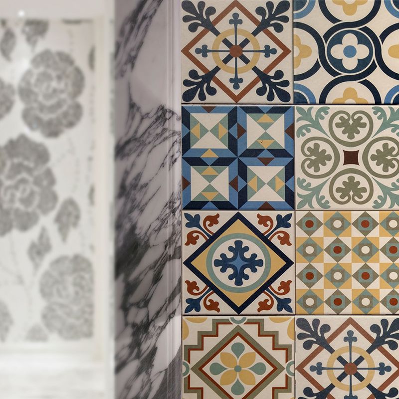 Geometry Tiles Adhesive Wallpaper Panels Baroque Smooth Wall Art in Red-Yellow-Blue