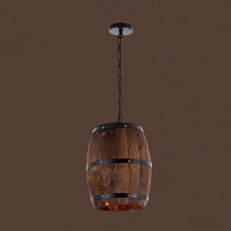 Farmhouse Barrel Pendant Lamp 10"/12" Wide 1 Light Wood Hanging Light Fixture in Brown