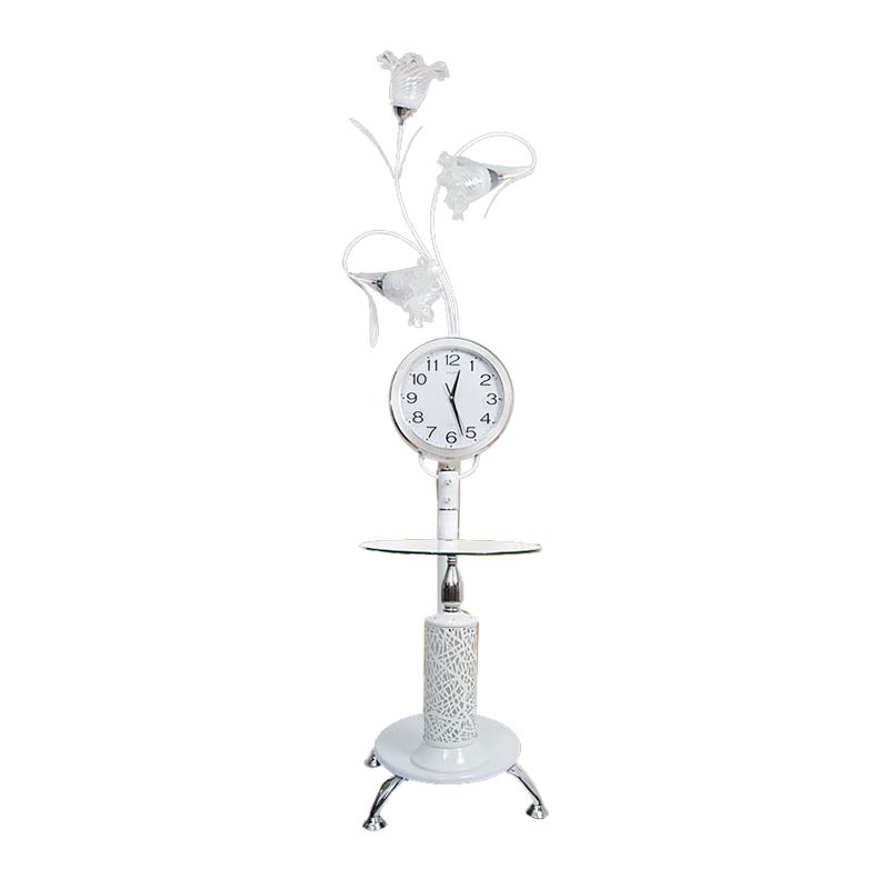 Crystal Black/White Floor Lámpara de lectura Sombra Floral 3 Bulbos Estilo de campo Luz de pie con acento de reloj
